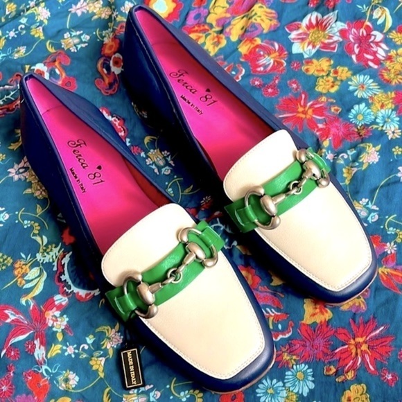 Brand New Ferca 81 Genuine Leather Ivory Blue Green Slip On Flats Buckle Loafers - Picture 16 of 16